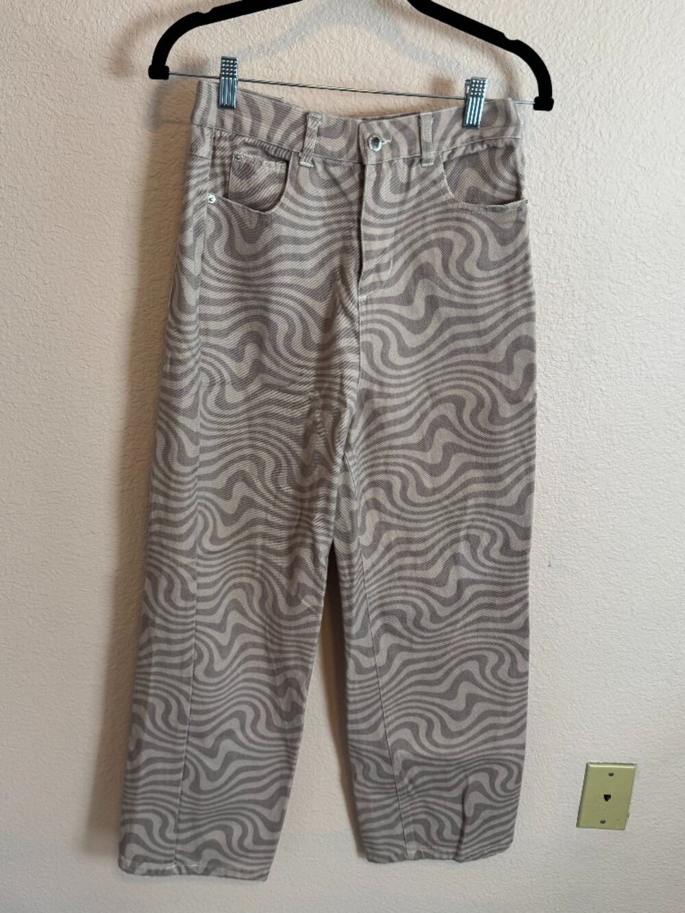 Whimsigoth Psychedelic groovy brown swirl print denim pants Med Shekou